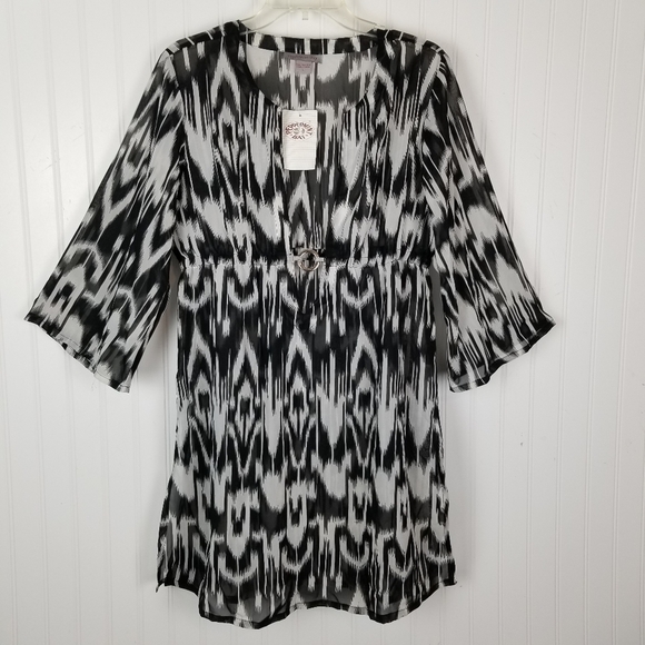 Peppermint Bay Womens Swimsuit Cover Large Boho Print Deep V Tie Dye Pull Over - Picture 9 of 9